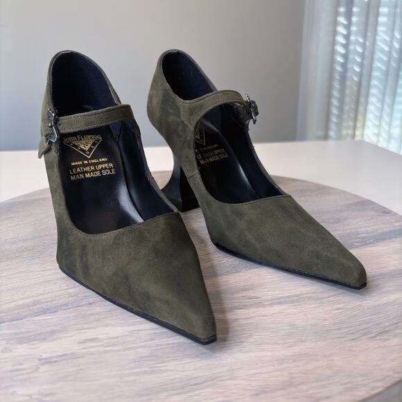 Rare John Fluevog Green Suede Mary Jane Heels UK 5 US 7 Vintage Made England - Picture 1 of 11
